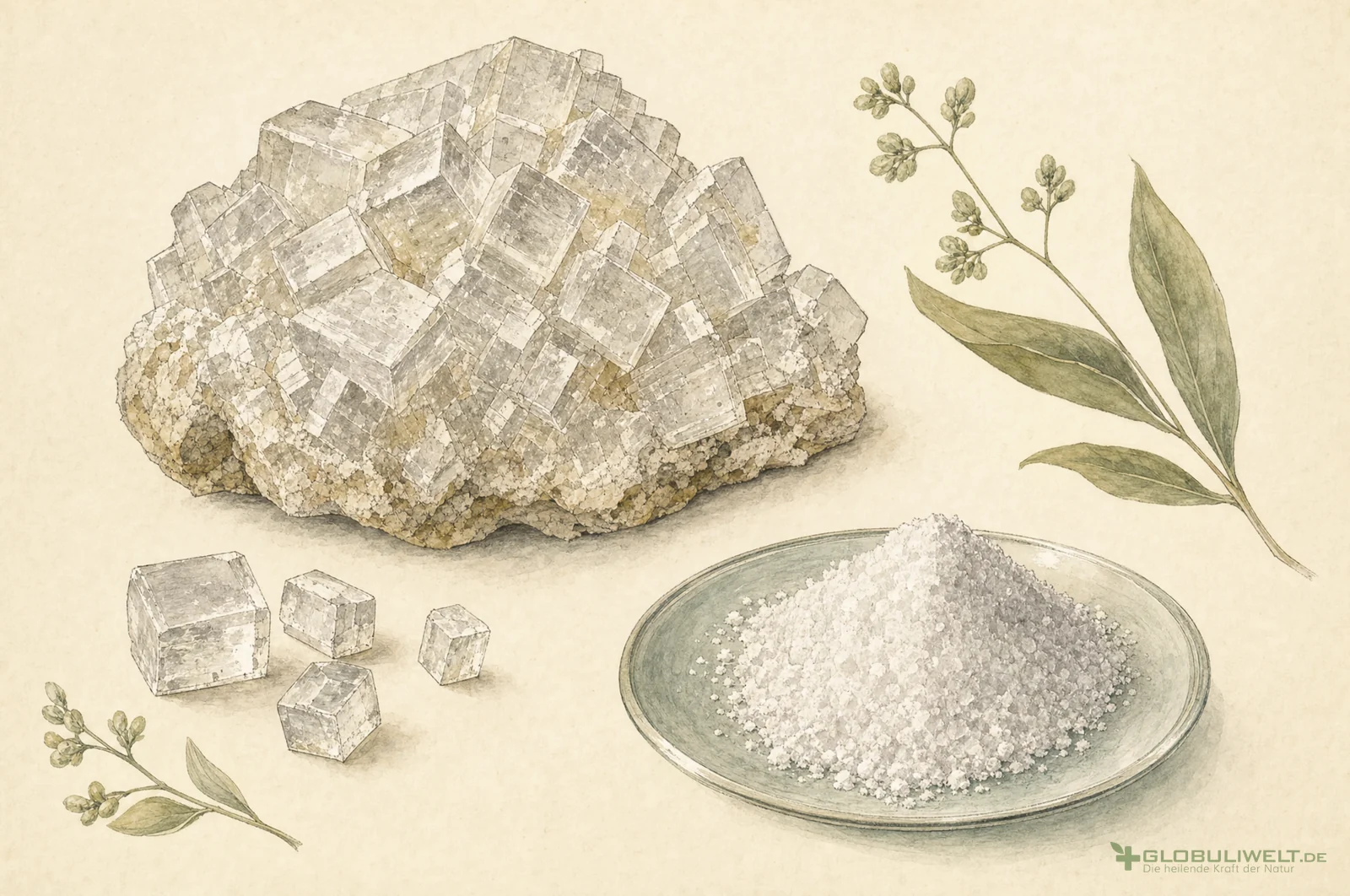 Mineralogische Illustration von Kalium Iodatum (Jodkali / Kaliumjodid) (Kaliumjodid) – Ausgangssubstanz der homöopathischen Globuli