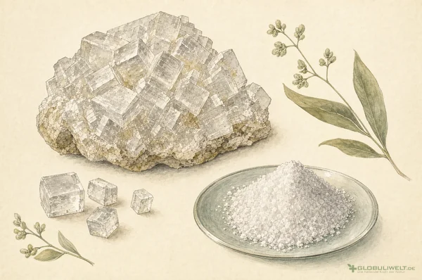 Mineralogische Illustration von Kalium Iodatum (Jodkali / Kaliumjodid) (Kaliumjodid) – Ausgangssubstanz der homöopathischen Globuli