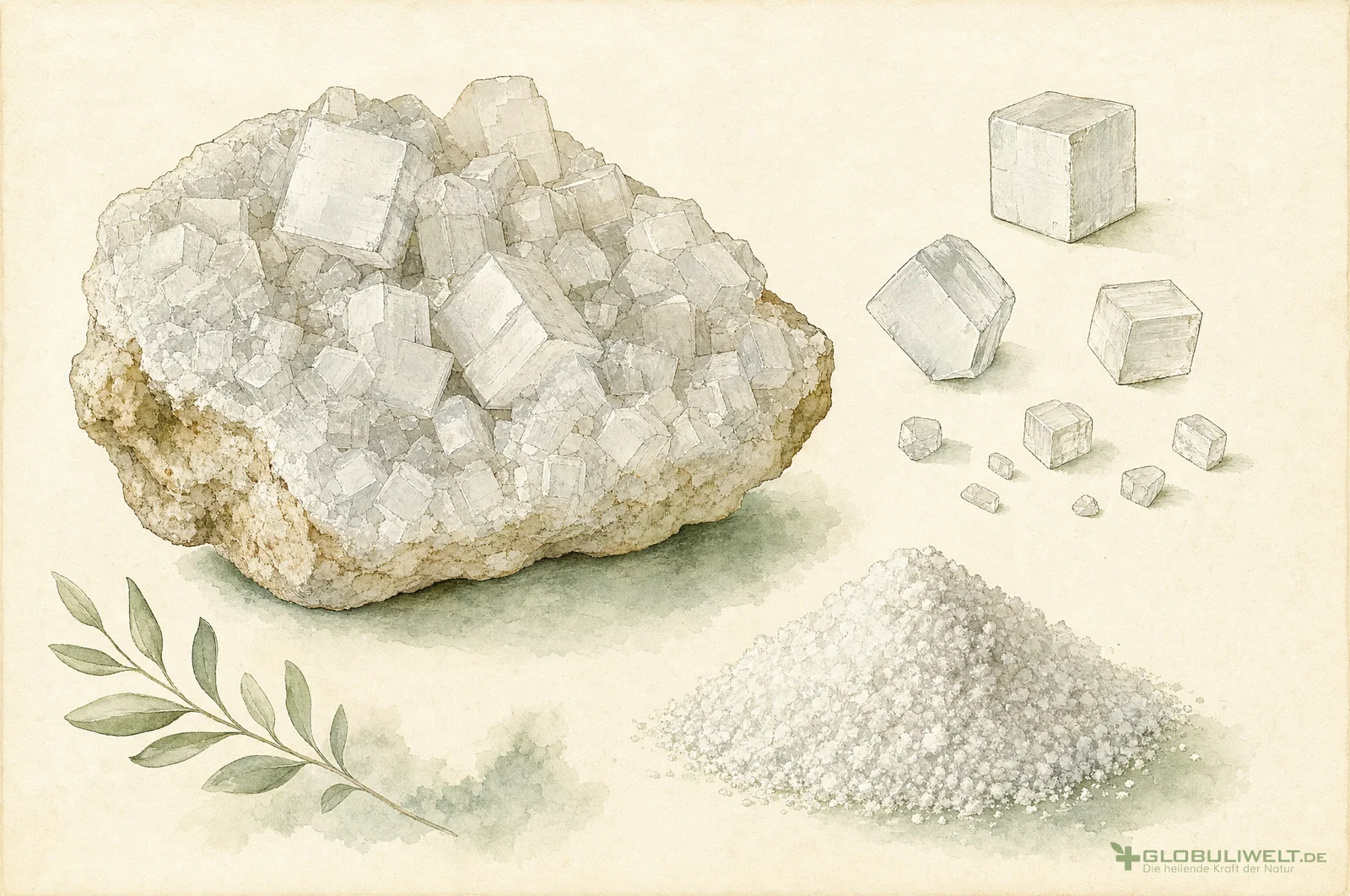 Mineralogische Illustration von Kalium Muriaticum ( Kaliumchlorid / Pottasche) (Kaliumchlorid) – Ausgangssubstanz der homöopathischen Globuli