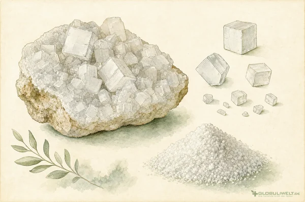 Mineralogische Illustration von Kalium Muriaticum ( Kaliumchlorid / Pottasche) (Kaliumchlorid) – Ausgangssubstanz der homöopathischen Globuli
