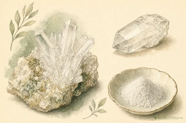 Mineralogische Illustration von Kalium Phosphoricum (Kaliumdihydrogenphosphat) (Kaliumdihydrogenphosphat) – Ausgangssubstanz der homöopathischen Globuli