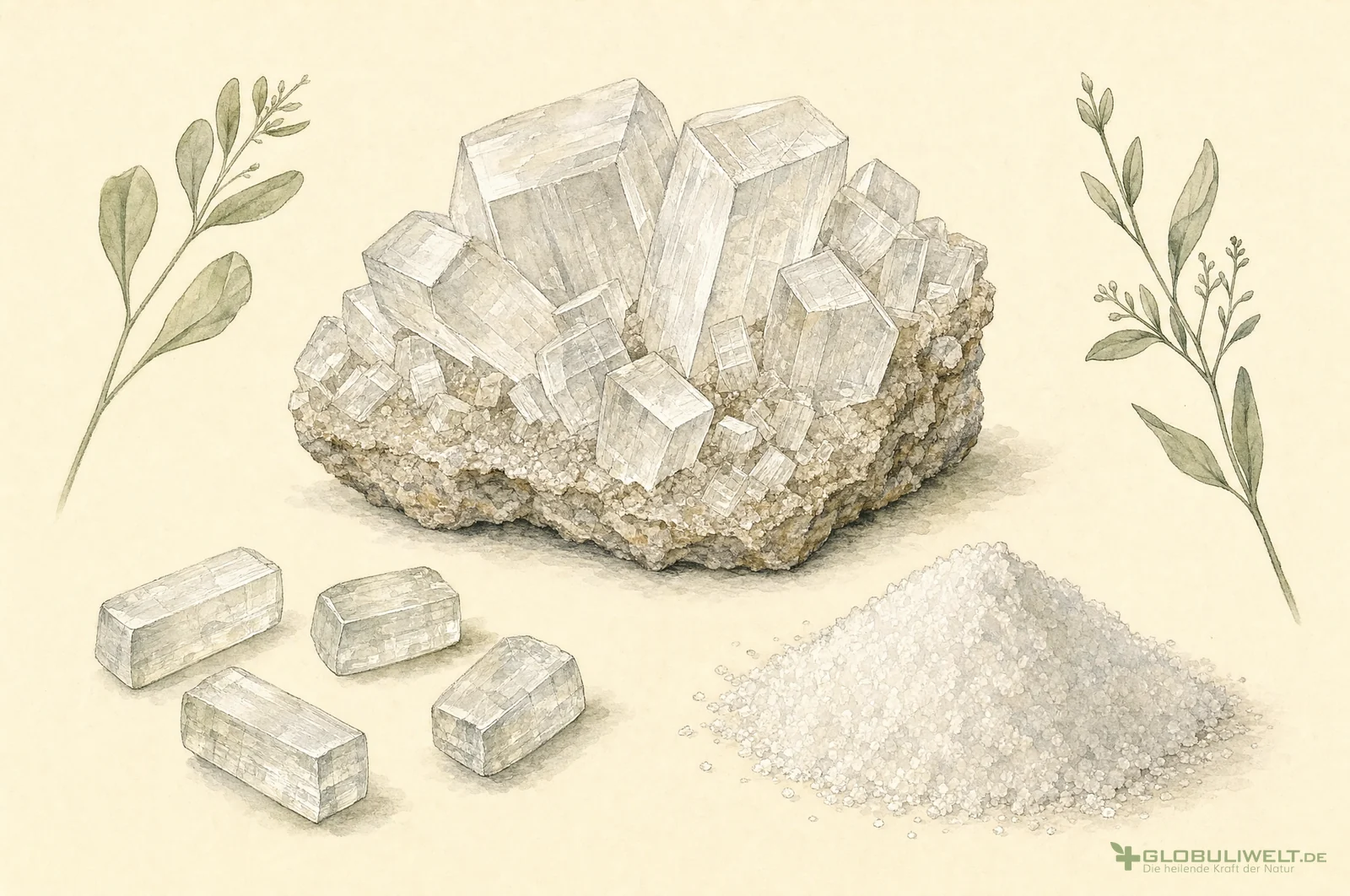 Mineralogische Illustration von Kalium Sulfuricum (Kalium Sulfat) (Kaliumsulfat) – Ausgangssubstanz der homöopathischen Globuli