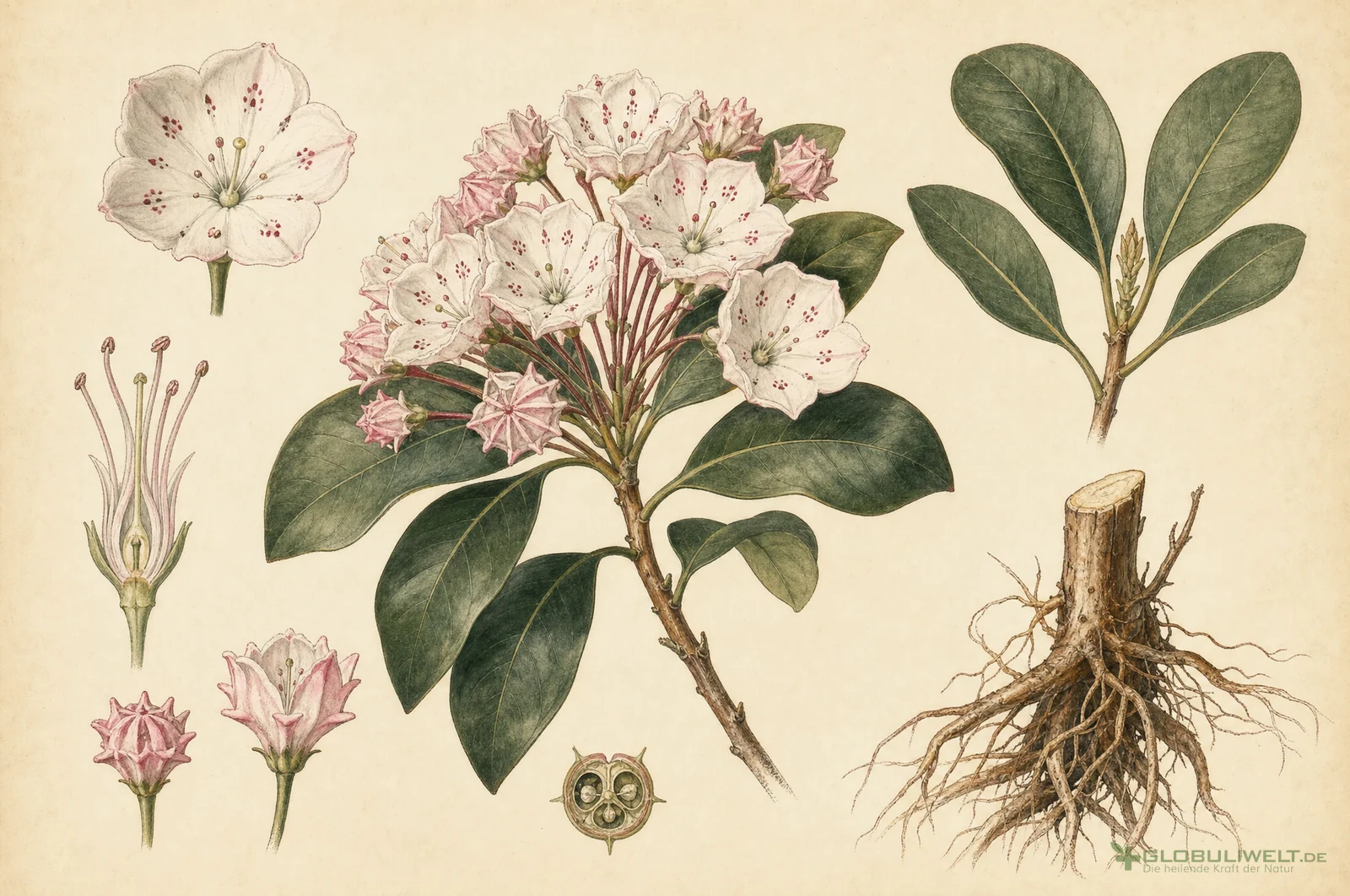 Botanische Illustration von Kalmia (Berglorbeer) (Berglorbeer) – Ausgangssubstanz der homöopathischen Globuli
