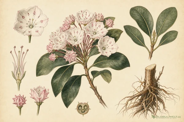 Botanische Illustration von Kalmia (Berglorbeer) (Berglorbeer) – Ausgangssubstanz der homöopathischen Globuli