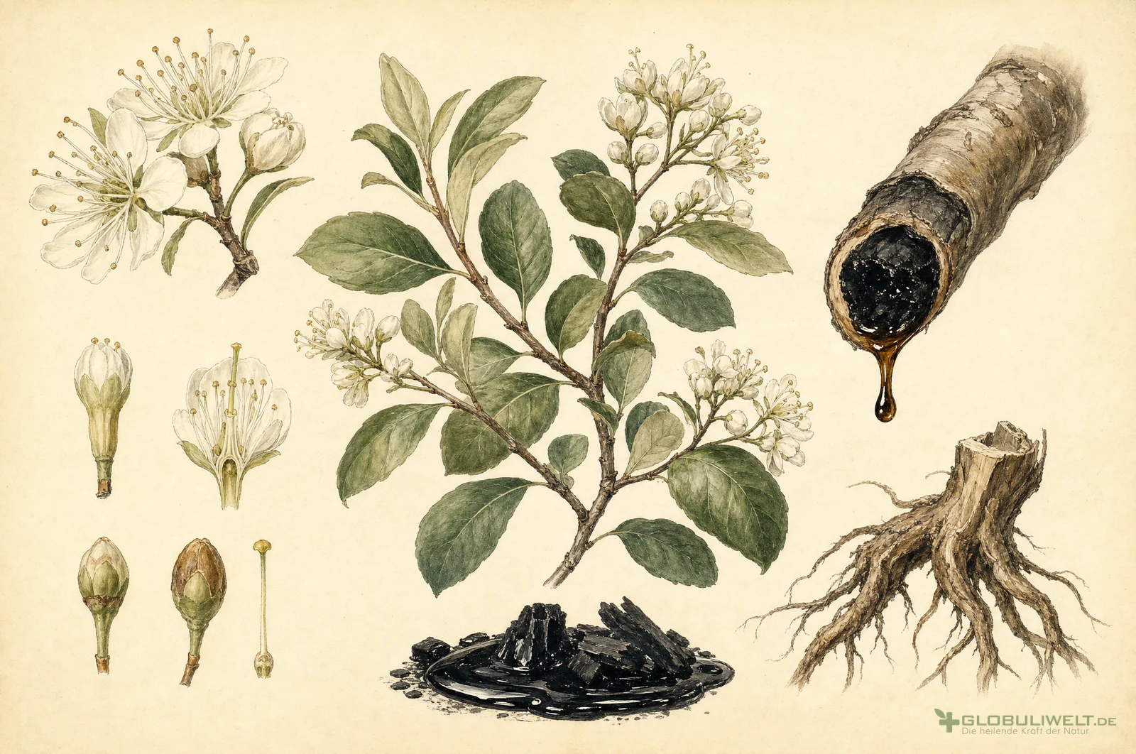 Botanische Illustration von Kreosotum (Buchenholzteer) (Buchenholzteer) – Ausgangssubstanz der homöopathischen Globuli