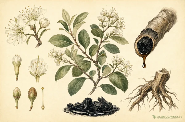 Botanische Illustration von Kreosotum (Buchenholzteer) (Buchenholzteer) – Ausgangssubstanz der homöopathischen Globuli