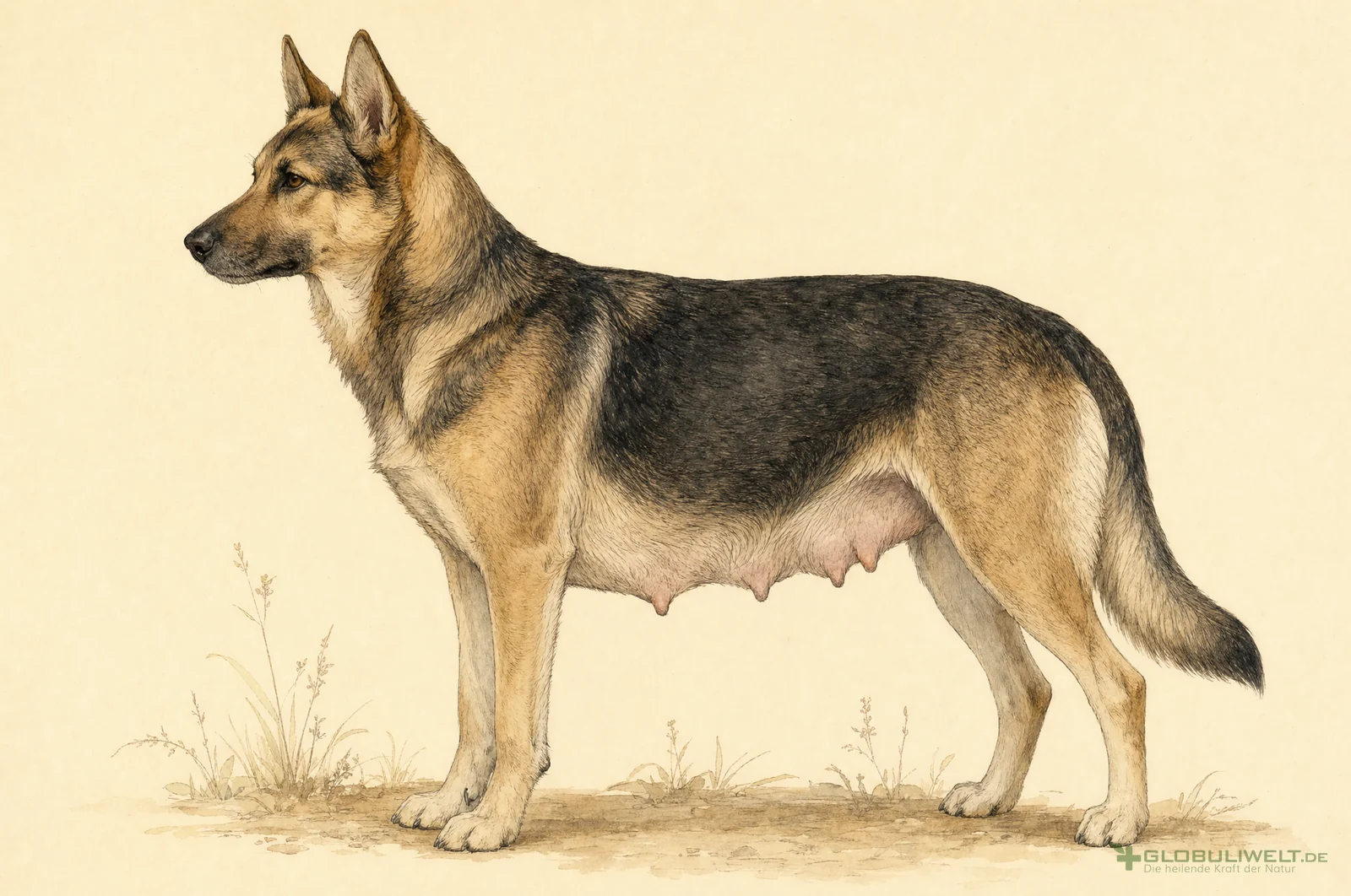 Naturhistorische Illustration von Lac Caninum (Hundemilch) (Hundemilch) – Ausgangssubstanz der homöopathischen Globuli