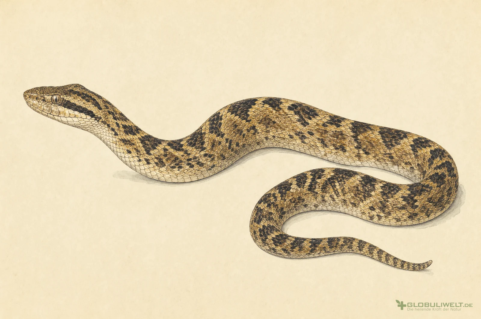 Naturhistorische Illustration von Lachesis – Ausgangssubstanz der homöopathischen Globuli
