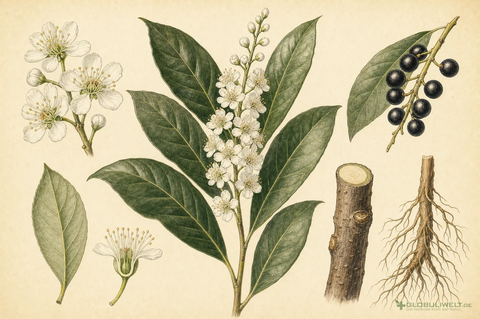 Botanische Illustration von Laurocerasus Mactans (Kirschlorbeer) (Kirschlorbeer) – Ausgangssubstanz der homöopathischen Globuli