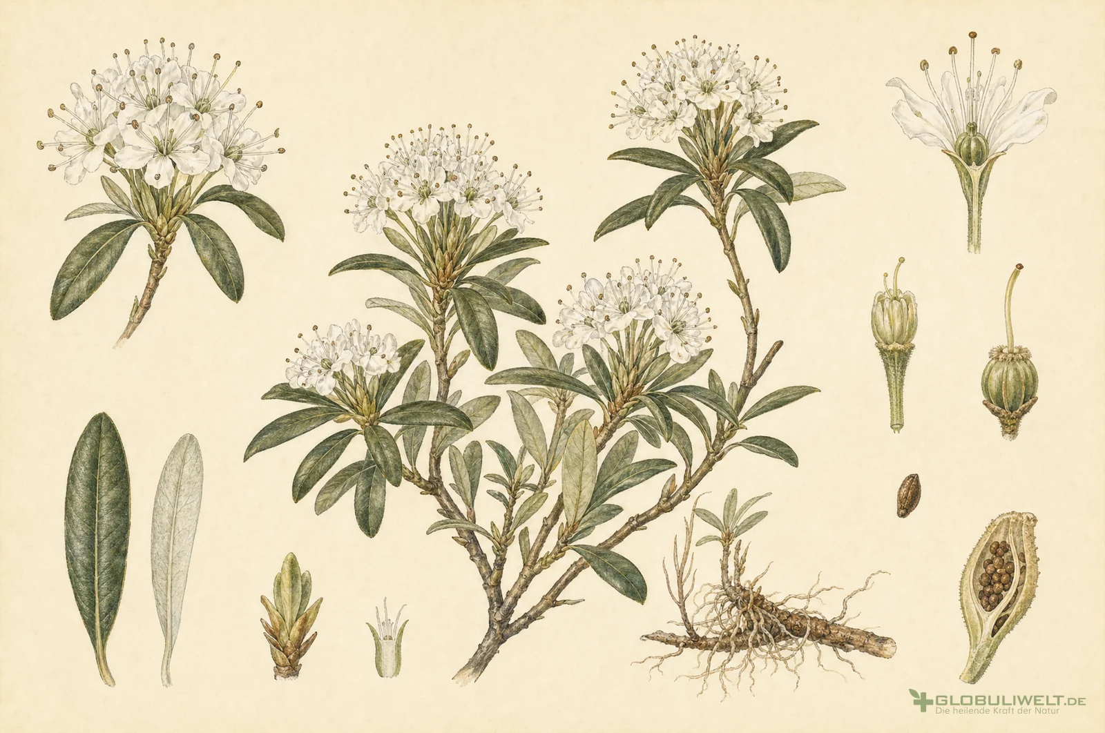 Botanische Illustration von Ledum Palustre (Sumpfporst) – Ausgangssubstanz der homöopathischen Globuli