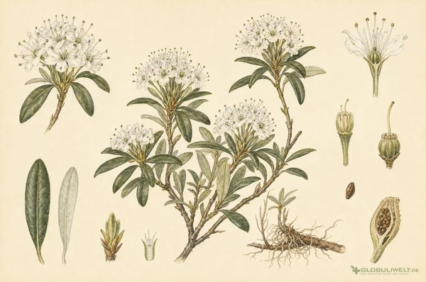 Botanische Illustration von Ledum Palustre (Sumpfporst) – Ausgangssubstanz der homöopathischen Globuli