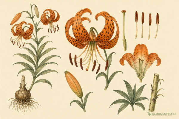 Botanische Illustration von Lilium Tigrinum (Tigerlilie) (Tigerlilie) – Ausgangssubstanz der homöopathischen Globuli