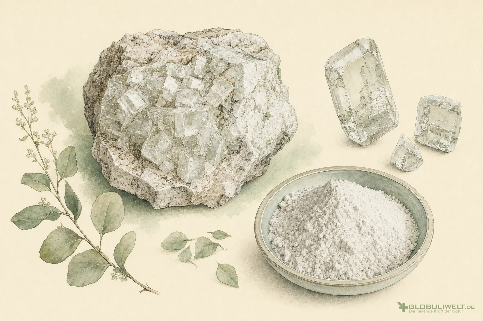 Mineralogische Illustration von Lithium Carbonicum (Lithiumcarbonat) (Lithiumcarbonat) – Ausgangssubstanz der homöopathischen Globuli