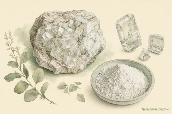 Mineralogische Illustration von Lithium Carbonicum (Lithiumcarbonat) (Lithiumcarbonat) – Ausgangssubstanz der homöopathischen Globuli