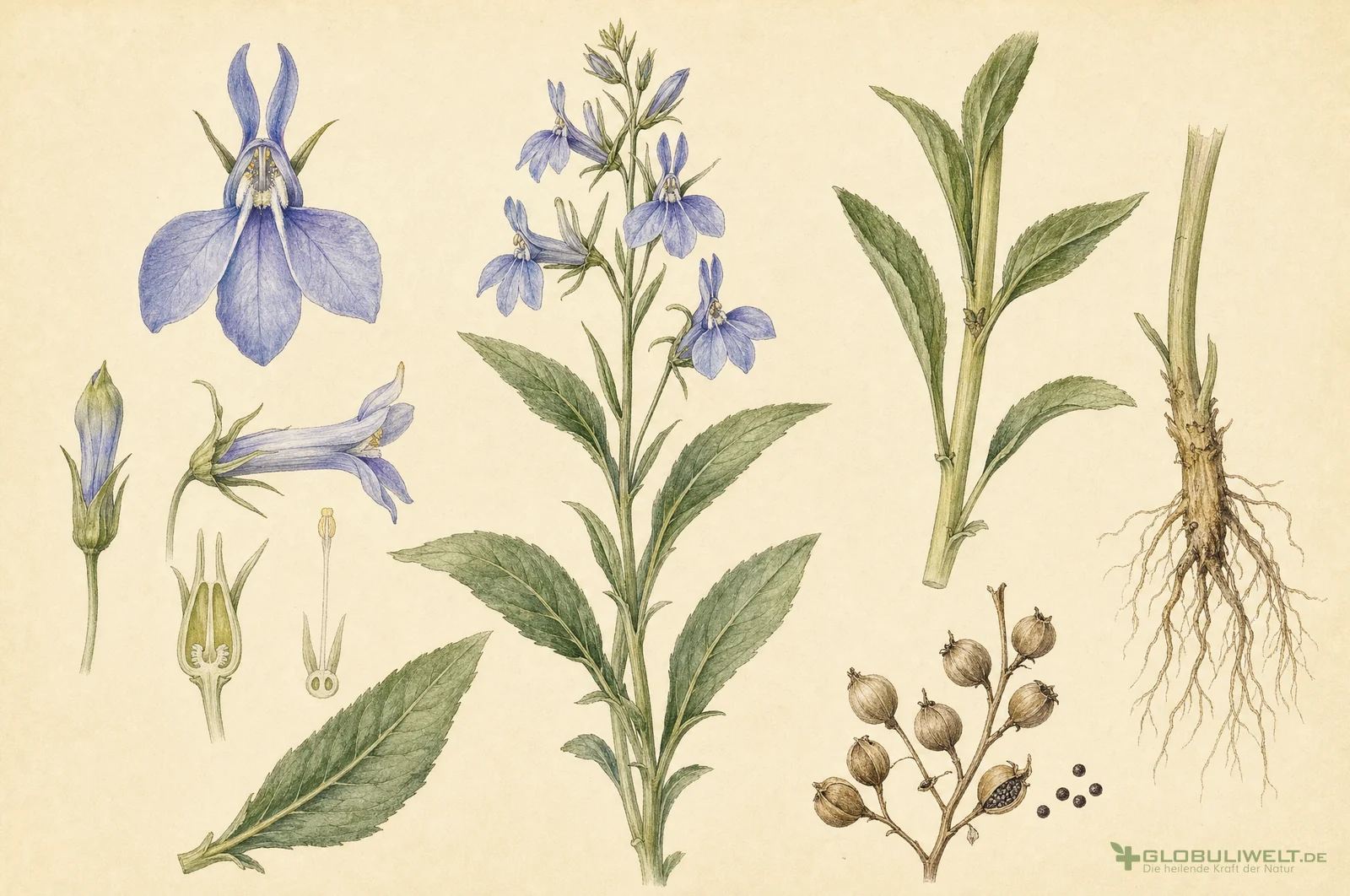 Botanische Illustration von Lobelia Inflata (indianischer Tabak) (Indianischer Tabak) – Ausgangssubstanz der homöopathischen Globuli