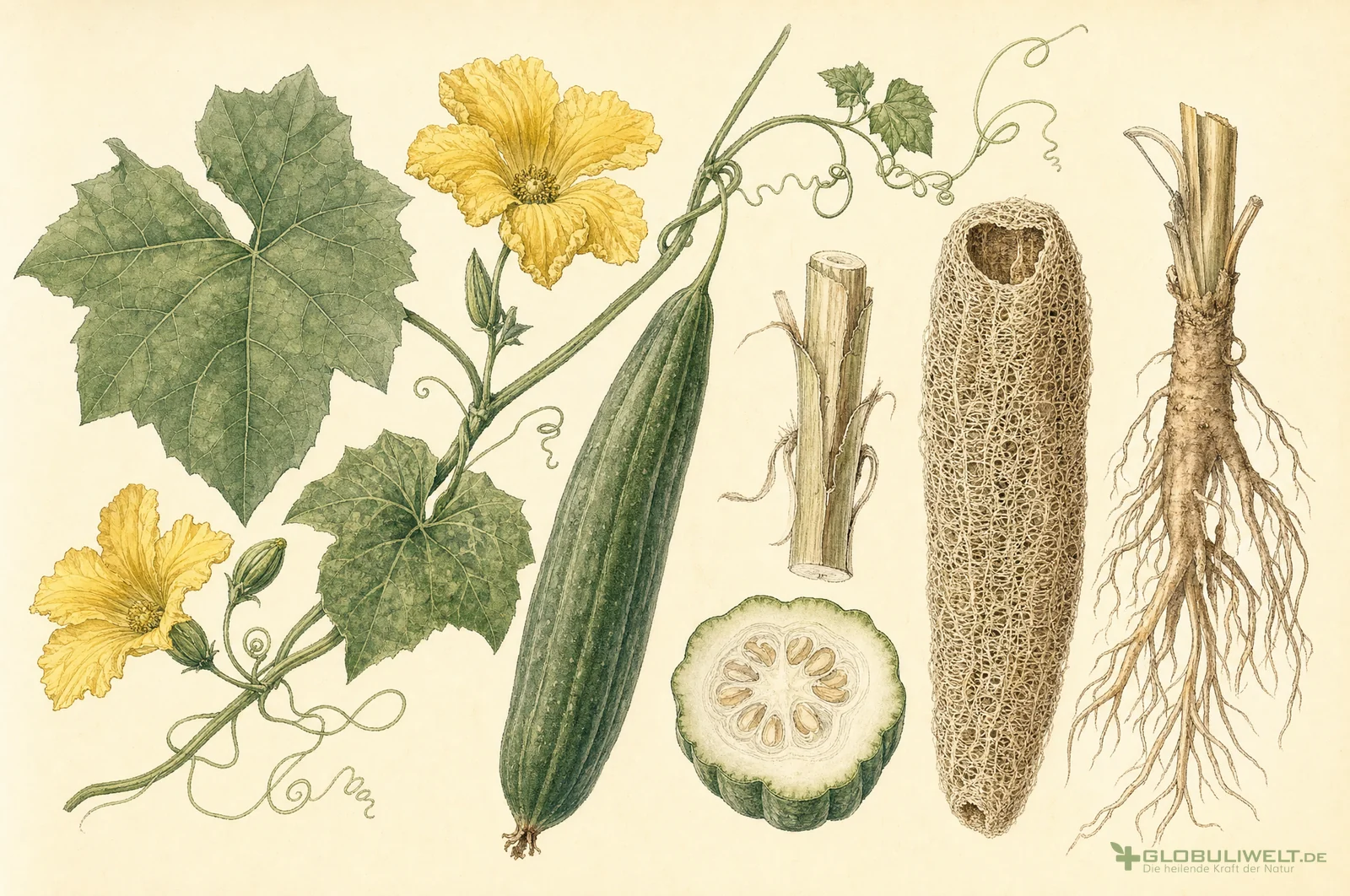 Botanische Illustration von Luffa (Kürbisschwämmchen) (Kürbisschwämmchen) – Ausgangssubstanz der homöopathischen Globuli