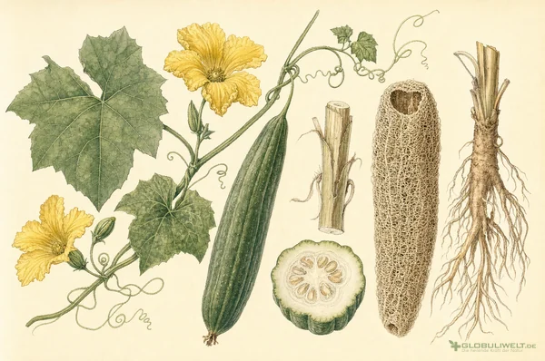 Botanische Illustration von Luffa (Kürbisschwämmchen) (Kürbisschwämmchen) – Ausgangssubstanz der homöopathischen Globuli