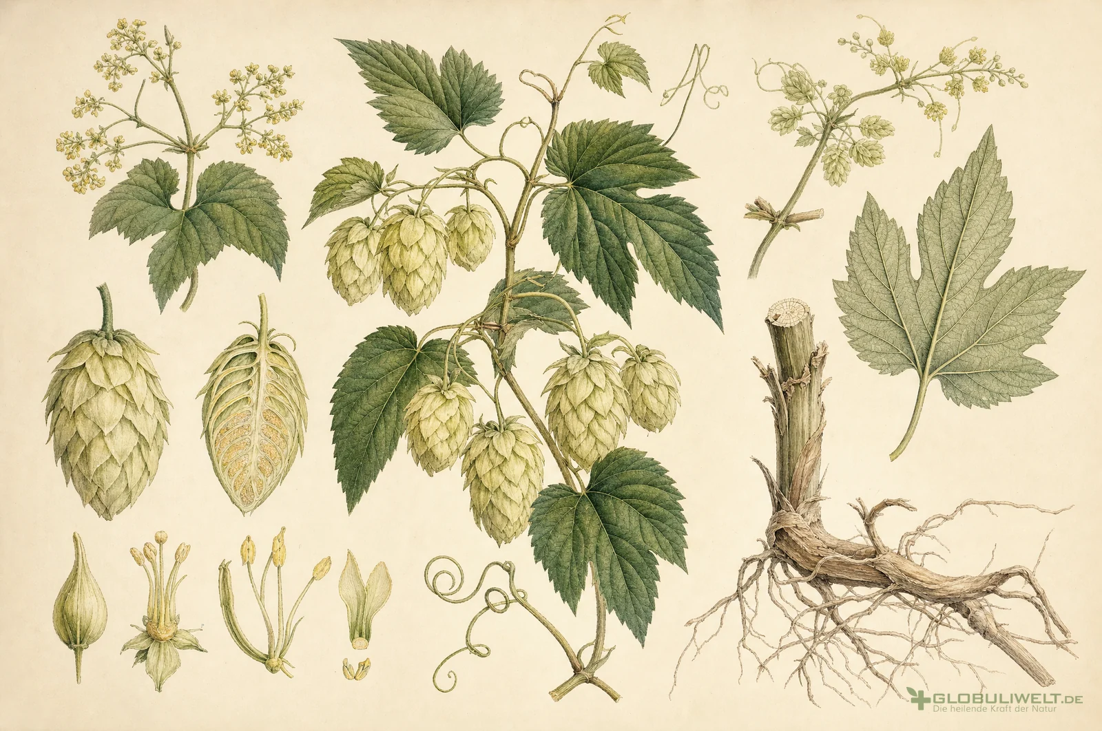 Botanische Illustration von Humulus lupulus (Hopfen) – Ausgangssubstanz der homöopathischen Globuli