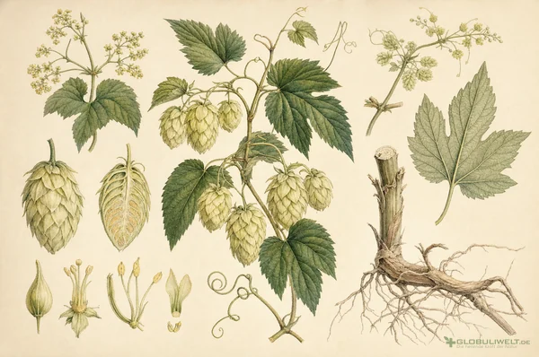Botanische Illustration von Humulus lupulus (Hopfen) – Ausgangssubstanz der homöopathischen Globuli