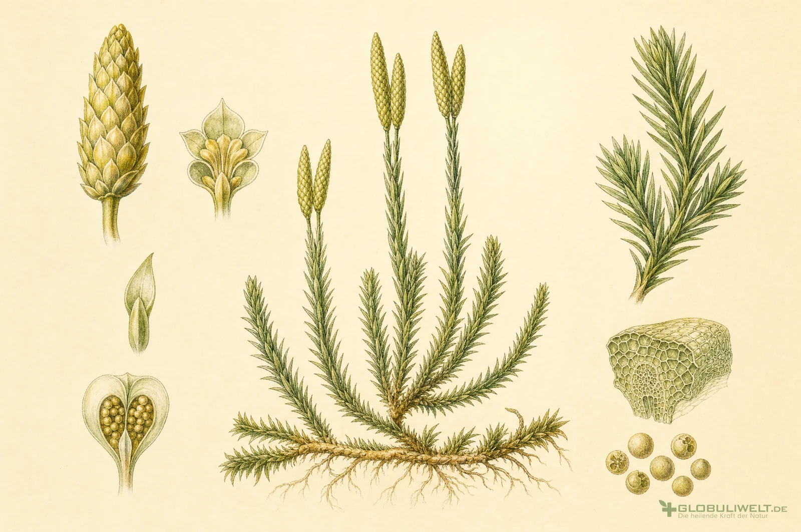Botanische Illustration von Lycopodium Clavatum (Keulen-Bärlapp) (Keulen-Bärlapp) – Ausgangssubstanz der homöopathischen Globuli