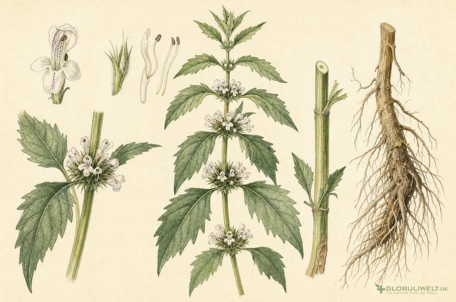 Botanische Illustration von Lycopus Virginicus (Virginischer Wolfsfuß) (Virginischer Wolfsfuß) – Ausgangssubstanz der homöopathischen Globuli