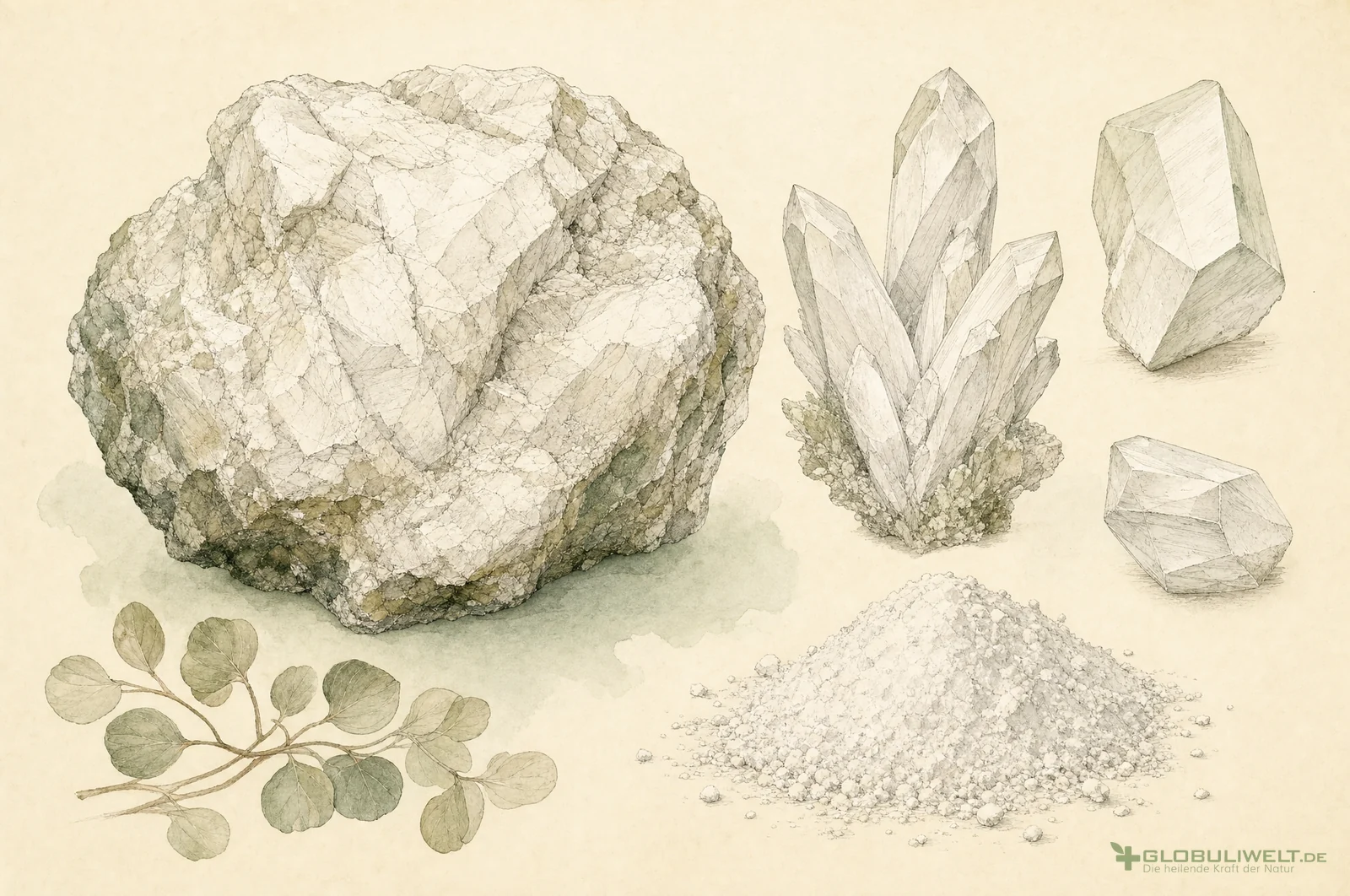 Mineralogische Illustration von Magnesium Carbonicum (Magnesiumcarbonat) (Magnesiumcarbonat) – Ausgangssubstanz der homöopathischen Globuli