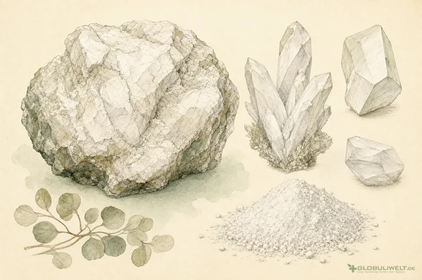 Mineralogische Illustration von Magnesium Carbonicum (Magnesiumcarbonat) (Magnesiumcarbonat) – Ausgangssubstanz der homöopathischen Globuli