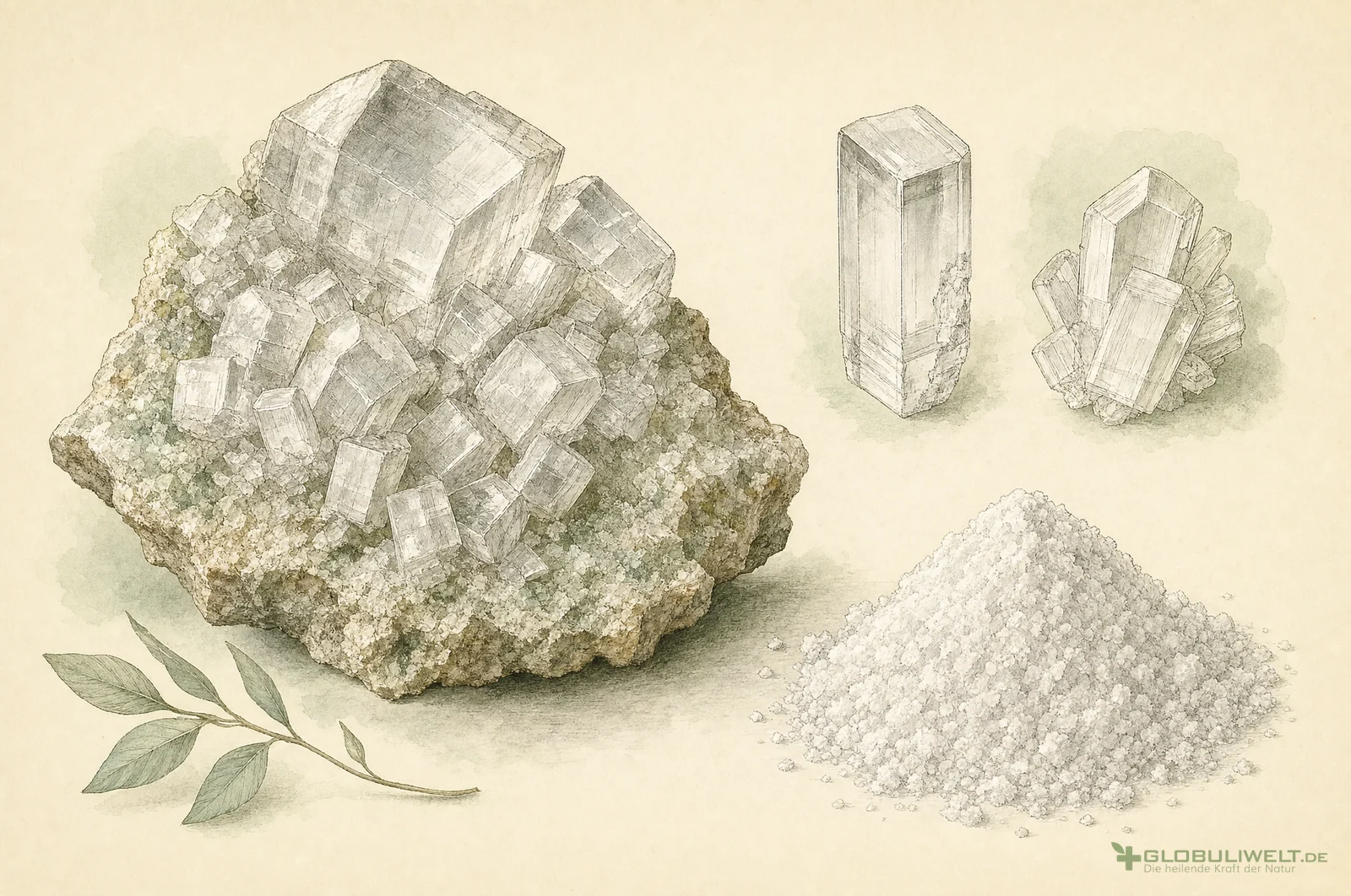 Mineralogische Illustration von Magnesium Chloratum (Magnesuimchlorid) (Magnesiumchlorid) – Ausgangssubstanz der homöopathischen Globuli