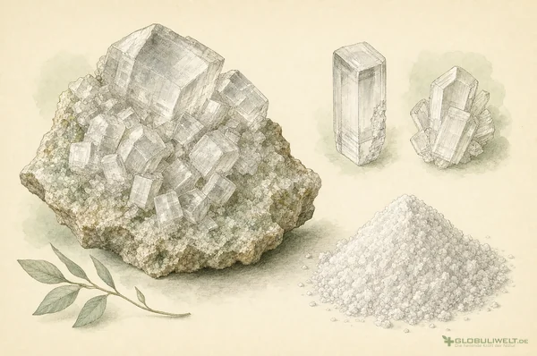 Mineralogische Illustration von Magnesium Chloratum (Magnesuimchlorid) (Magnesiumchlorid) – Ausgangssubstanz der homöopathischen Globuli