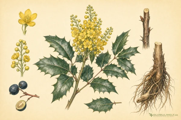 Botanische Illustration von Mahonia Aquifolium (Gewöhnliche Mahonie) – Ausgangssubstanz der homöopathischen Globuli