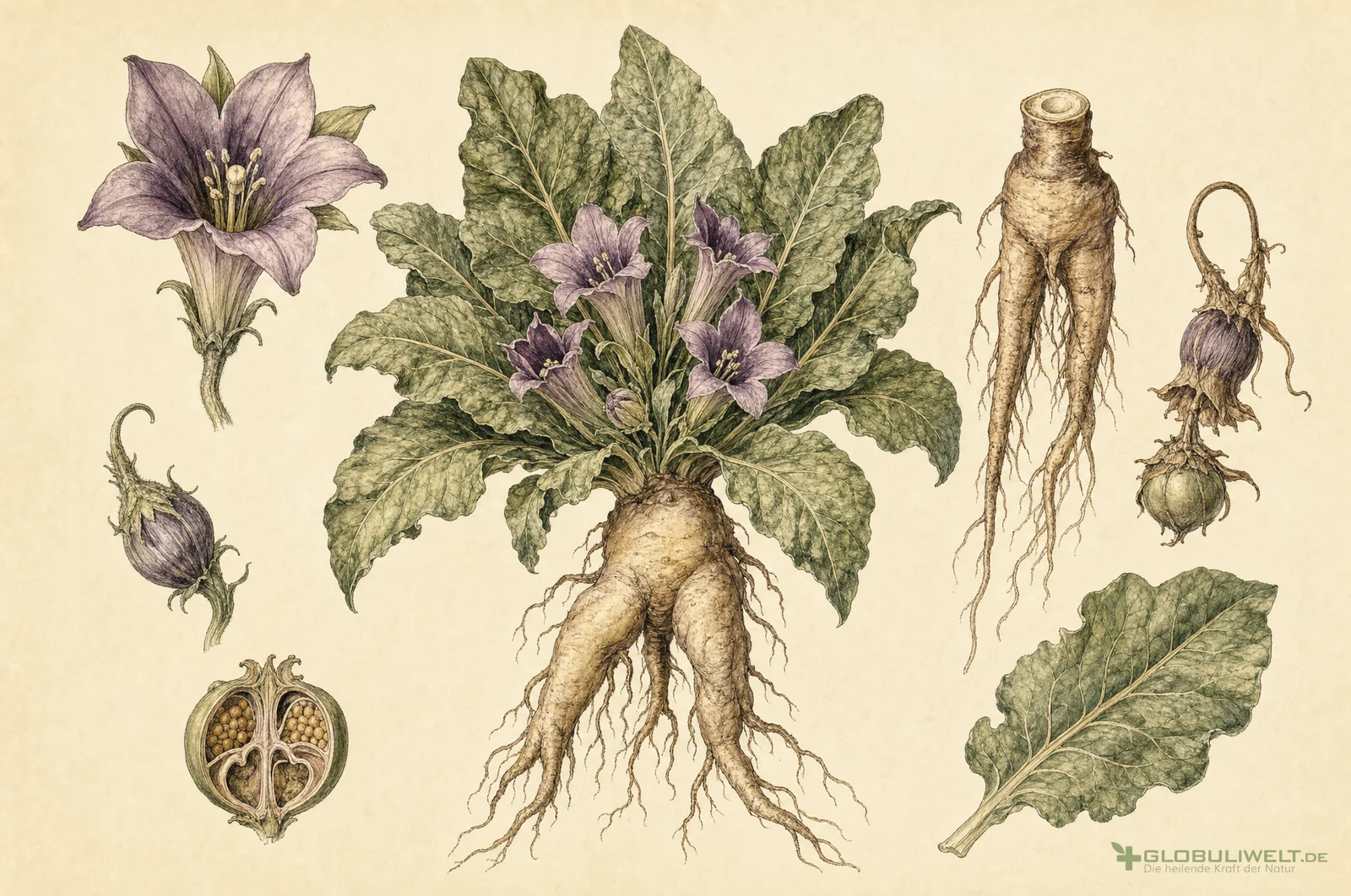Botanische Illustration von Mandragora (Alraunen Kraut) (Alraune) – Ausgangssubstanz der homöopathischen Globuli