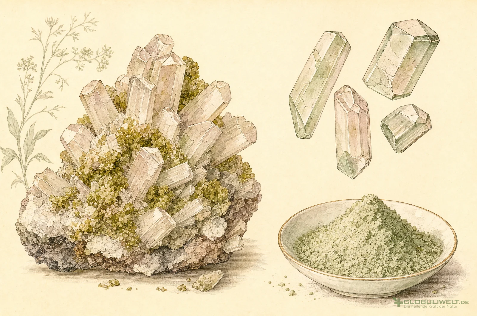 Mineralogische Illustration von Manganum Sulfuricum (Schwefelsaueres Mangan) (Schwefelsaures Mangan) – Ausgangssubstanz der homöopathischen Globuli