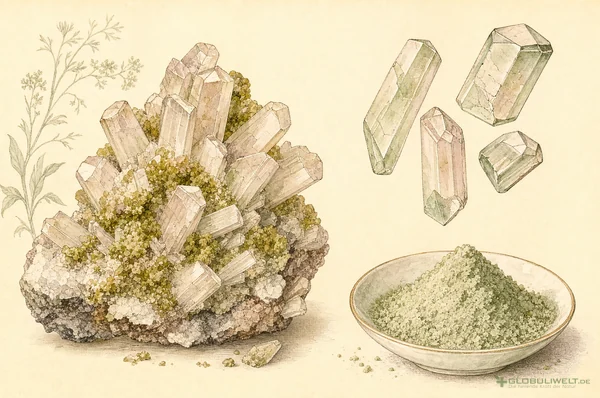 Mineralogische Illustration von Manganum Sulfuricum (Schwefelsaueres Mangan) (Schwefelsaures Mangan) – Ausgangssubstanz der homöopathischen Globuli