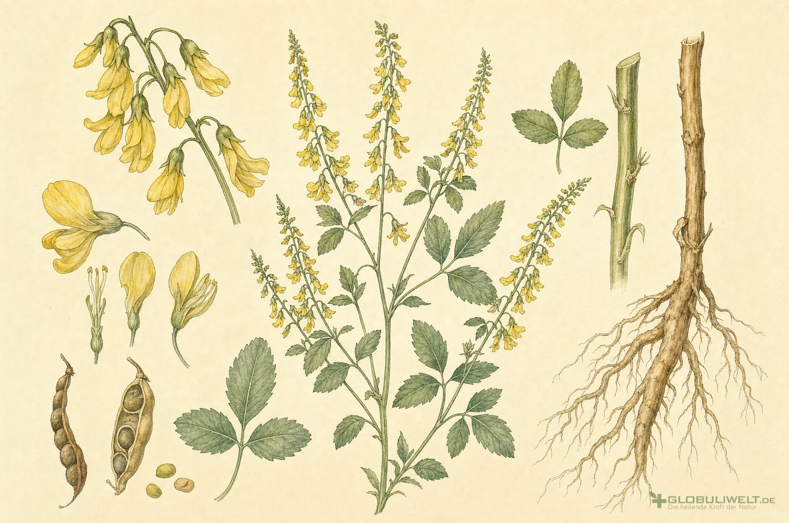 Botanische Illustration von Melilotus Officinalis (gelber Steinklee) (Gelber Steinklee) – Ausgangssubstanz der homöopathischen Globuli