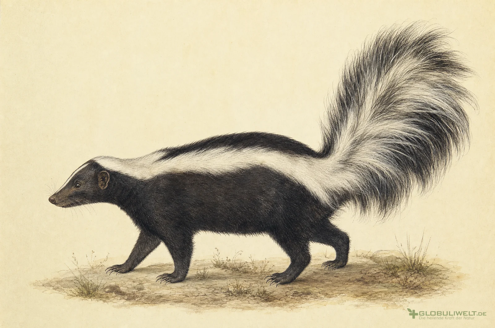 Naturhistorische Illustration von Mephitis Putorius (Sekret des Stinktiers) (Sekret des Stinktiers) – Ausgangssubstanz der homöopathischen Globuli