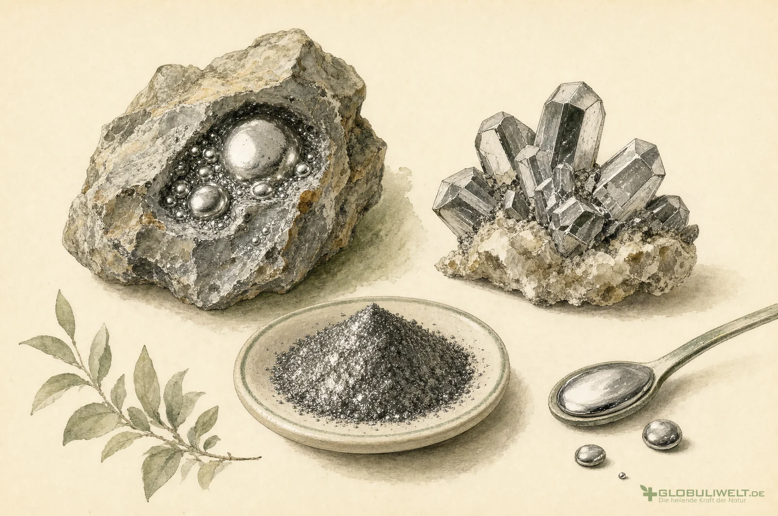 Mineralogische Illustration von Mercurius Solubilis (Quecksilber) – Ausgangssubstanz der homöopathischen Globuli