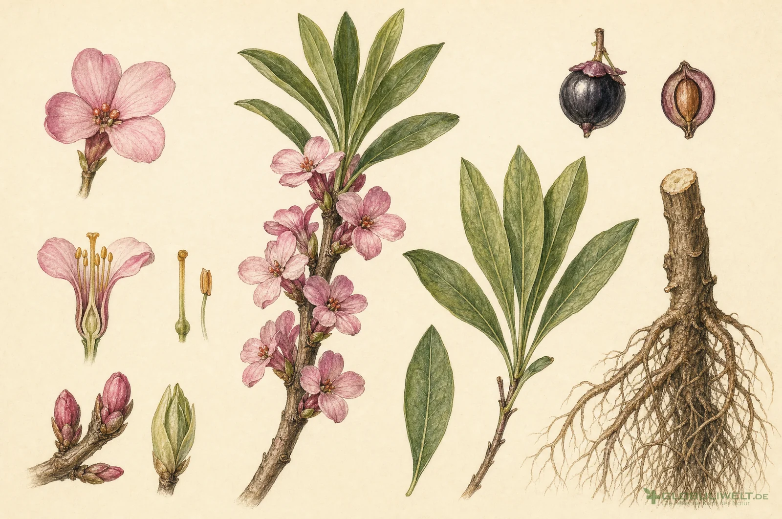Botanische Illustration von Mezereum (Seidelbast) (Seidelbast) – Ausgangssubstanz der homöopathischen Globuli