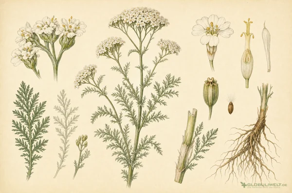 Botanische Illustration von Millefolium (Schafgarbe) (Schafgarbe) – Ausgangssubstanz der homöopathischen Globuli