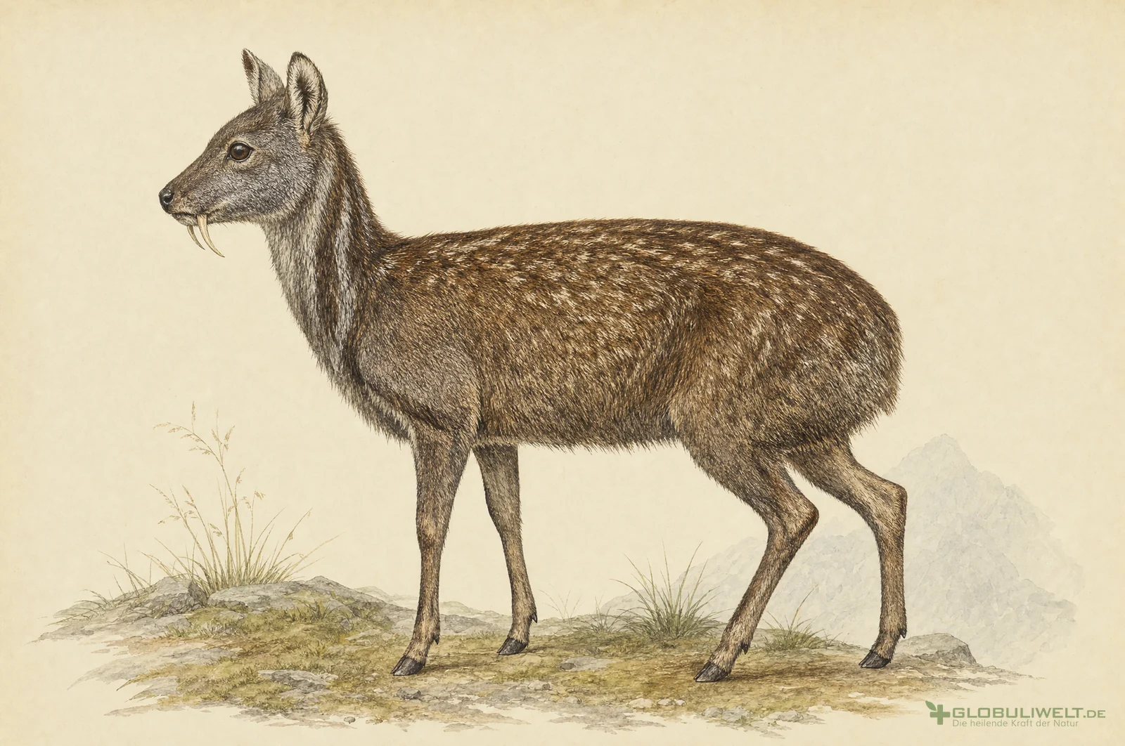 Naturhistorische Illustration von Moschus (Moschus) – Ausgangssubstanz der homöopathischen Globuli