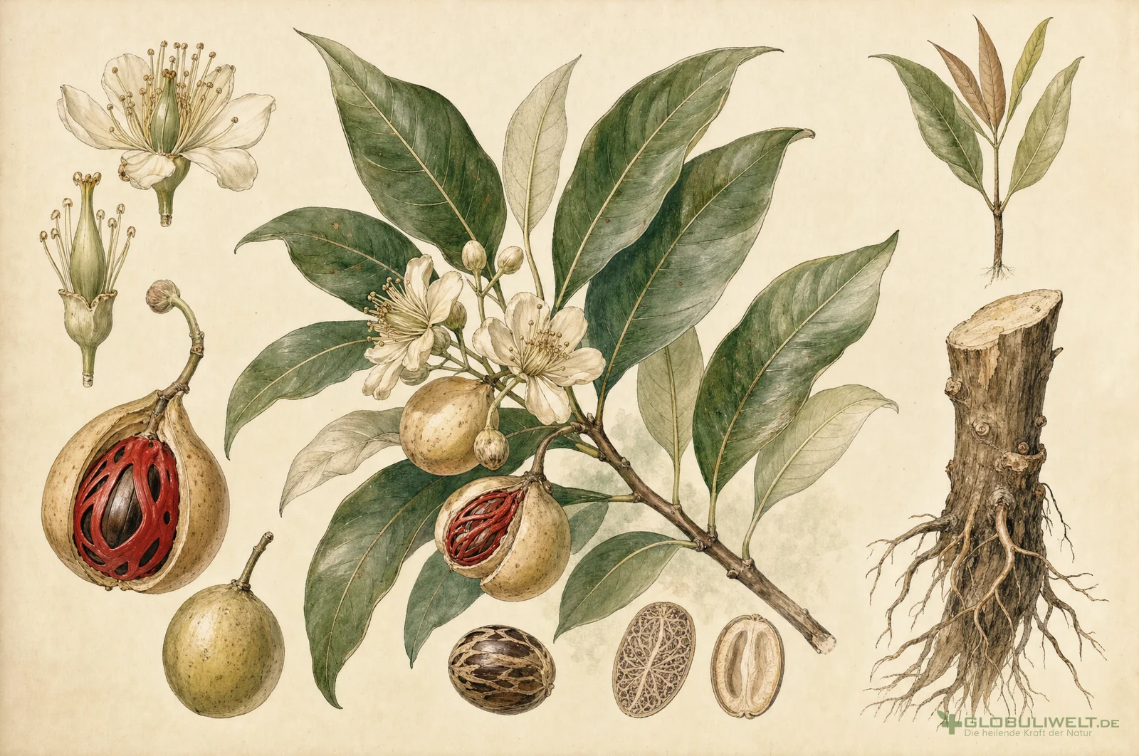 Botanische Illustration von Myristica sebifera (Talgmuskatnuss) – Ausgangssubstanz der homöopathischen Globuli