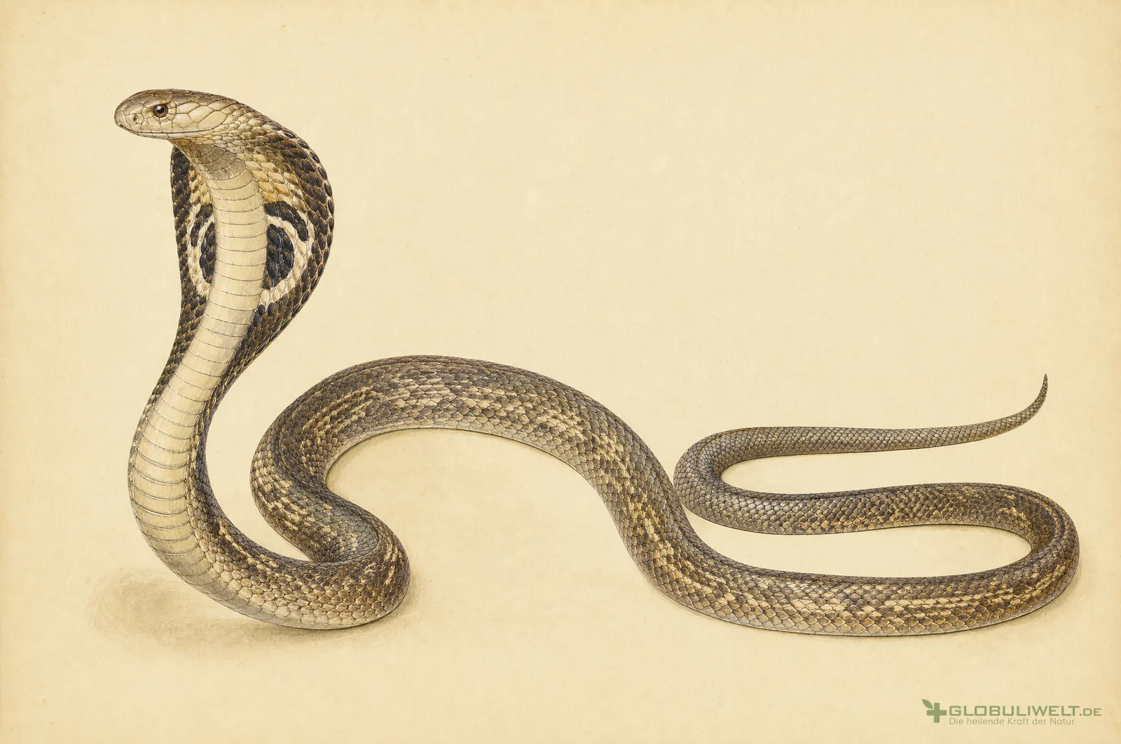 Naturhistorische Illustration von Naja tripudians (Brillenschlange) – Ausgangssubstanz der homöopathischen Globuli