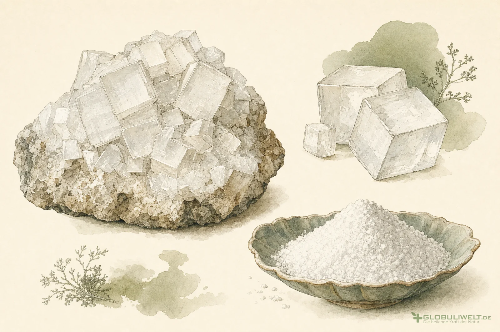Mineralogische Illustration von Natrium Carbonicum (Natriumcarbonat) (Natriumcarbonat (Soda)) – Ausgangssubstanz der homöopathischen Globuli