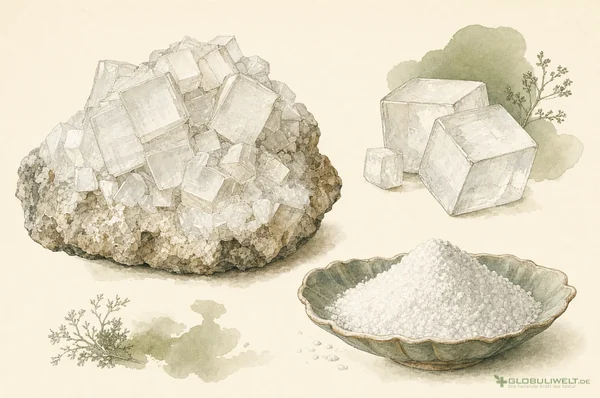 Mineralogische Illustration von Natrium Carbonicum (Natriumcarbonat) (Natriumcarbonat (Soda)) – Ausgangssubstanz der homöopathischen Globuli