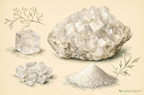 Mineralogische Illustration von Natrium Muriaticum (Kochsalz) – Ausgangssubstanz der homöopathischen Globuli