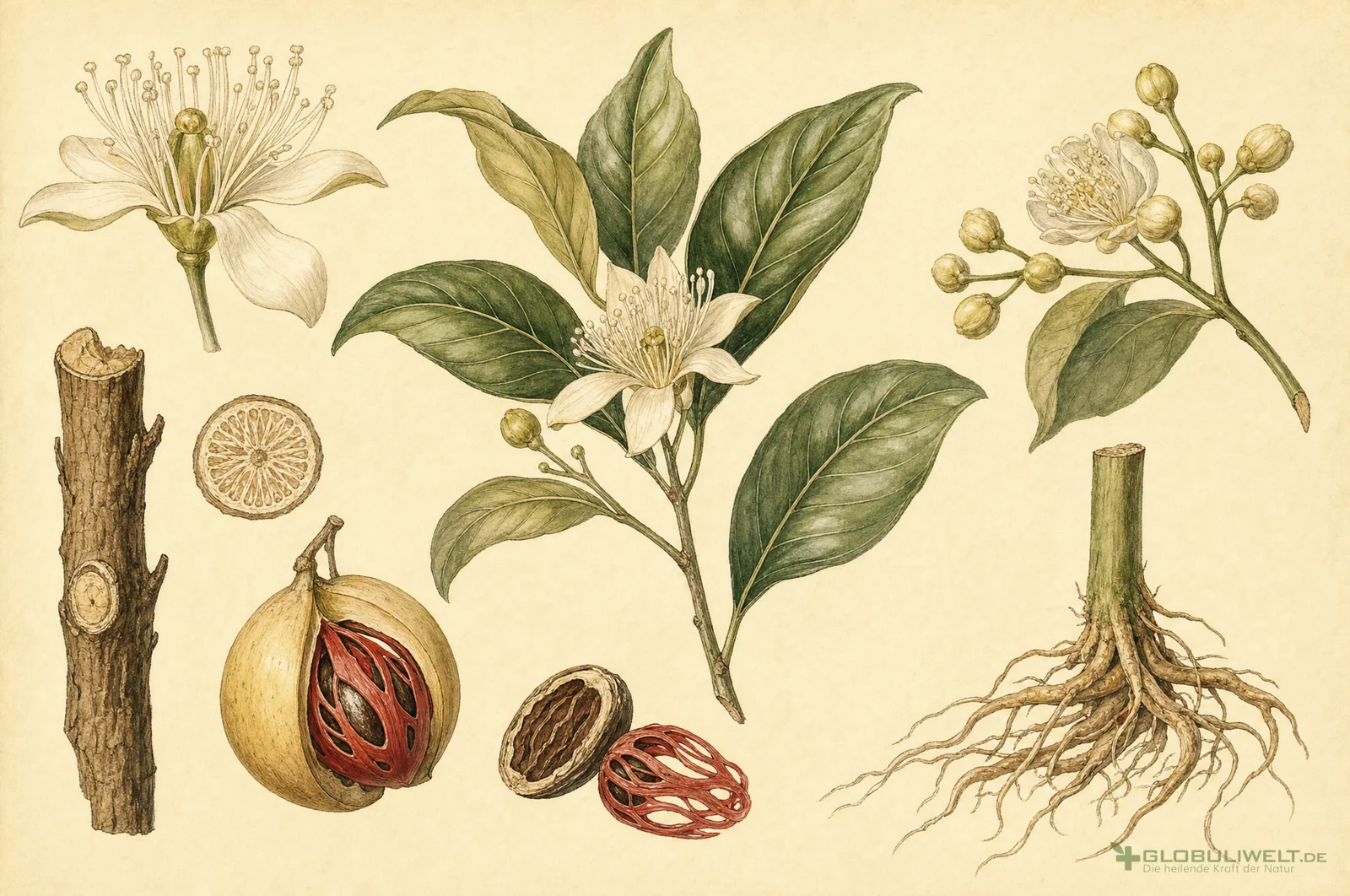 Botanische Illustration von Nux Moschata (Muskatnuss) (Muskatnuss) – Ausgangssubstanz der homöopathischen Globuli
