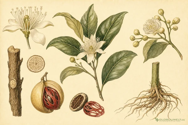 Botanische Illustration von Nux Moschata (Muskatnuss) (Muskatnuss) – Ausgangssubstanz der homöopathischen Globuli