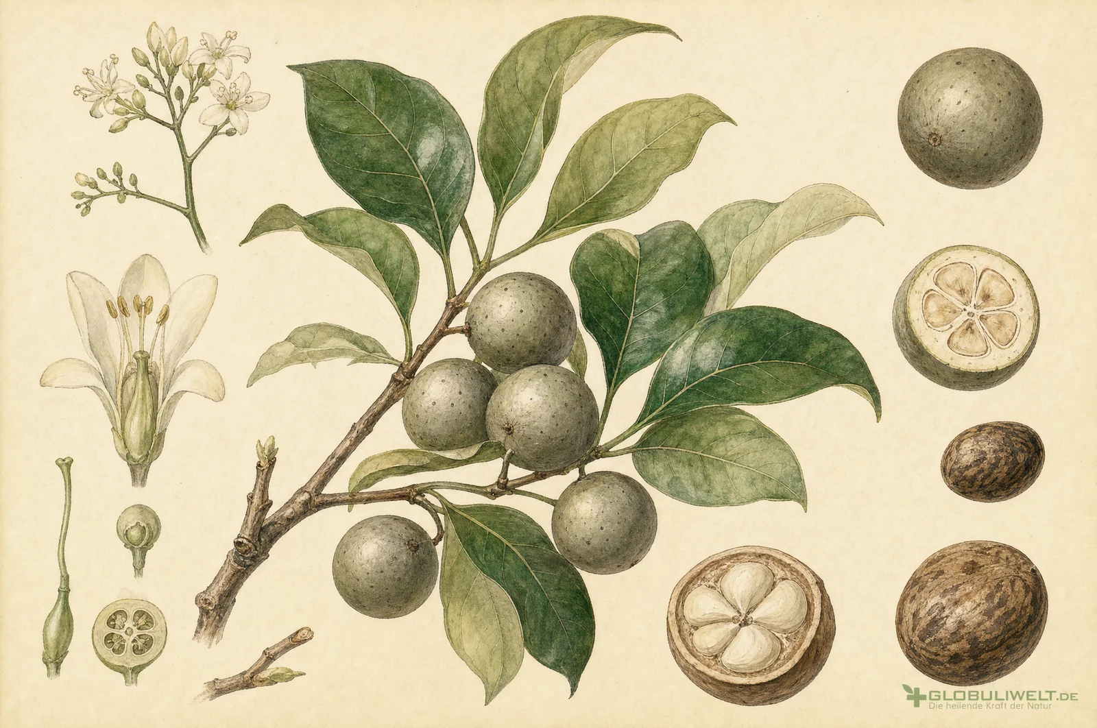 Botanische Illustration von Nux Vomica (Brechnuss) – Ausgangssubstanz der homöopathischen Globuli