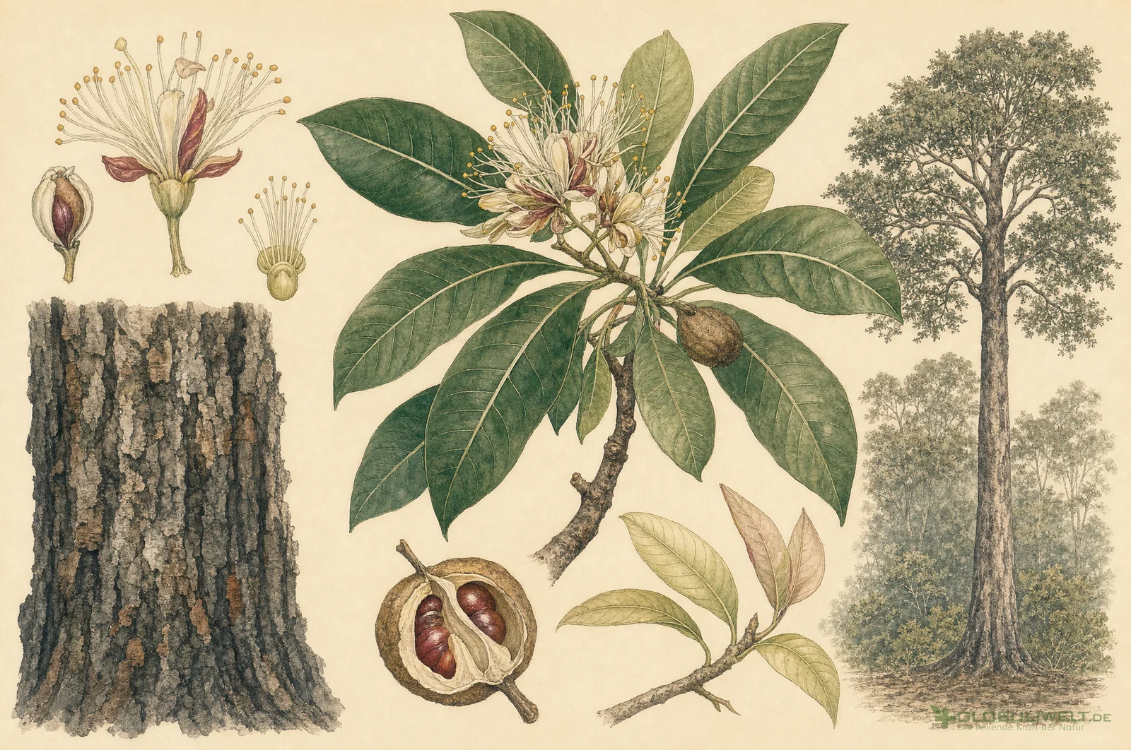 Botanische Illustration von Okoubaka (Okoubaka-Baum) – Ausgangssubstanz der homöopathischen Globuli