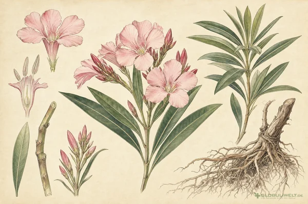 Botanische Illustration von Oleander (Rosenlorbeer) (Rosenlorbeer) – Ausgangssubstanz der homöopathischen Globuli
