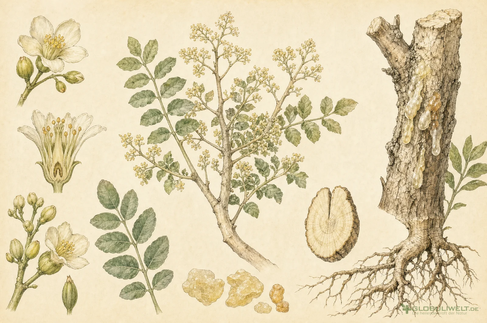 Botanische Illustration von Olibanum (Weihrauch) – Ausgangssubstanz der homöopathischen Globuli